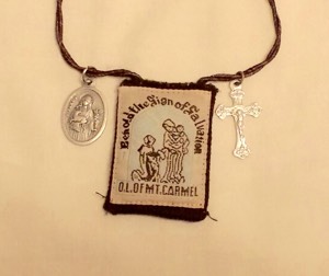 Brown scapular with St. Agnes medal